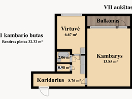 Parduodamas butas Partizanų g., Dainavoje, Kaune, 32.32 kv.m ploto, 1 kambariai